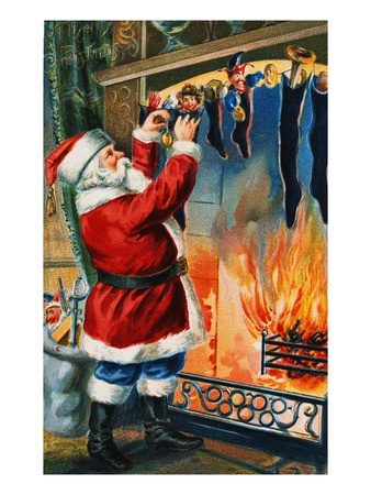 Postcard of Santa Filling Christmas Stockings