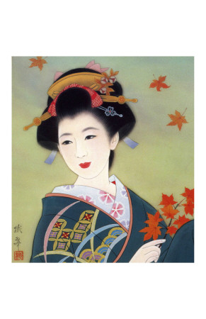 Japanese Geisha in Fall Leaves