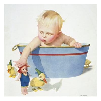 Illustration of a Young Child Playing with Bath Toys by E.N. Donaldson
