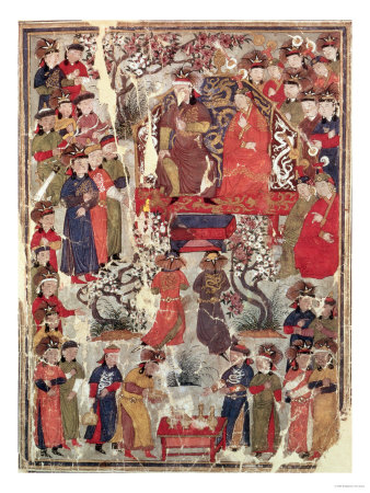 Genghis Khan and His Wife Bortei Enthroned Before Courtiers, by Rashid Ad-Din (1247-1318)