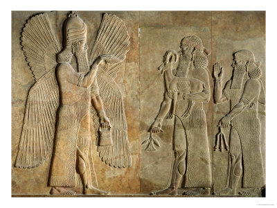 Frieze of a Winged Spirit, Sargon or Priest Carrying a Gazelle and Worshipper Carrying a Poppy Stem