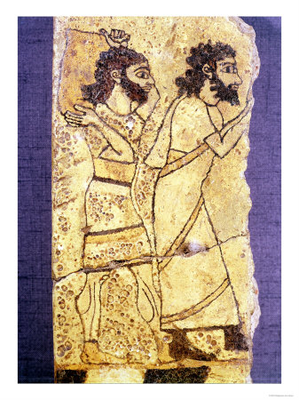 Fragment of a Plaque Depicting Two Men Walking, from Nineveh (Painted Stone)