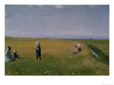 Children and Young Girls Picking Flowers in a Meadow North of Skagen