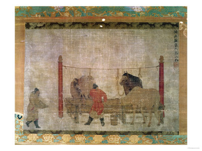 Hanging, of Grooms Feeding Horses, Ink and Watercolour on Silk, Attributed to Jen Jen-Far, Chinese