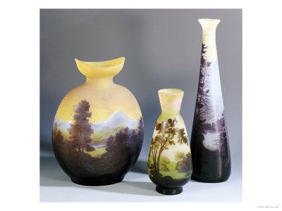 A Selection of Galle Double-Overlay and Acid-Etched Vases, Galle