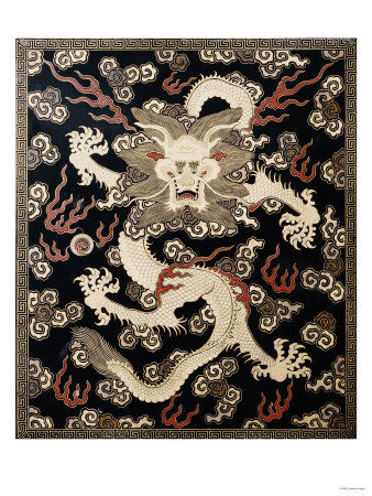 Fine Imperial Polychrome Black Lacquer Ink Cake Box Cover Depicting a Five Clawed Dragon