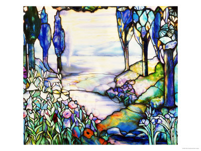 A River Meandering from a Distant Mountain Range at Dusk, with Cypress, Lilies, Poppies and Irises