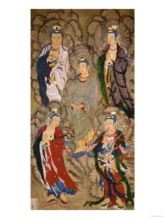 A Very Rare Buddhist Painting of Guanyin and Four Bodhisttvas, Dated Shunzhi Tenth Year (AD1654)