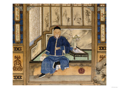 A Bearded Old Gentleman Wearing Blue Winter Clothes, Holding a Snuff Bottle and Stroking a Cat