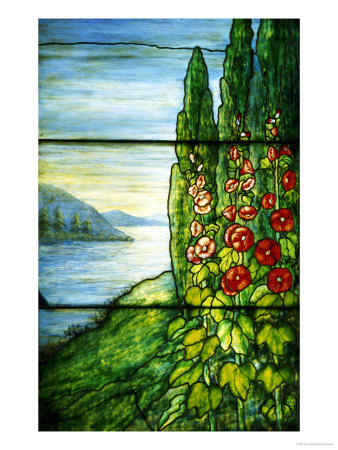 A Mountainous Lake Scene with Red Blossoming Hollyhocks and Arbor