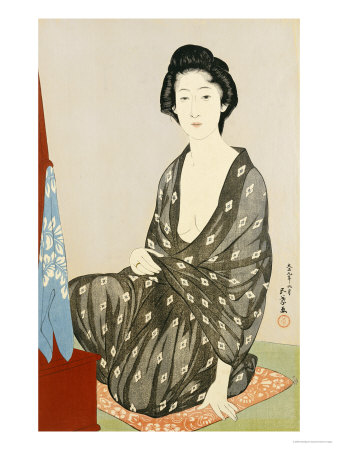 A Beauty in a Black Kimono with White Hanabishi Patterns Seated Before a Mirror