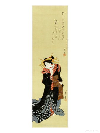 A Standing Courtesan in a Black Kimono Scattered with White Flowerheads Holding a Wad of Paper