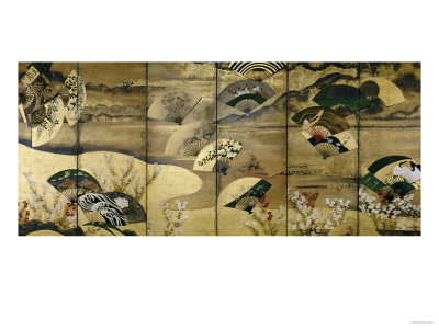 A Six-Panel Screen Painted in Sumi with Scattered Fans