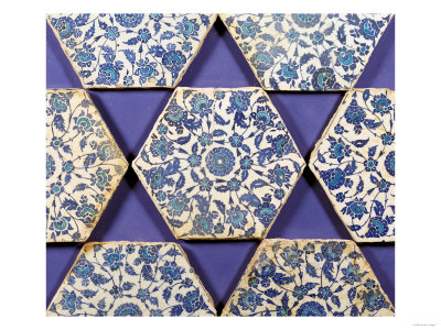 Seven Iznik Blue and White Hexagonal Pottery Tiles, circa 1540
