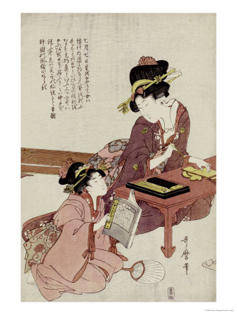 A Young Woman Seated at a Desk Writing, a Girl with a Book Looks On