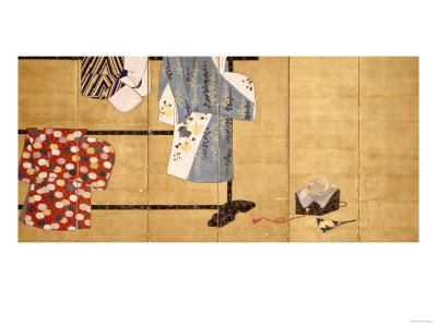 Six-Leaf Screen, Painted in Sumi, Whose Sleeves Motif with Three Robes Hung on a Rack, 18th Century