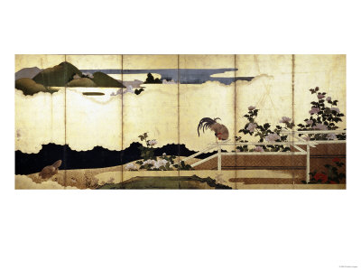 A Six-Panel Screen Painted in Ink a Cockerel Perched on a Fence and a Hen with Chicks