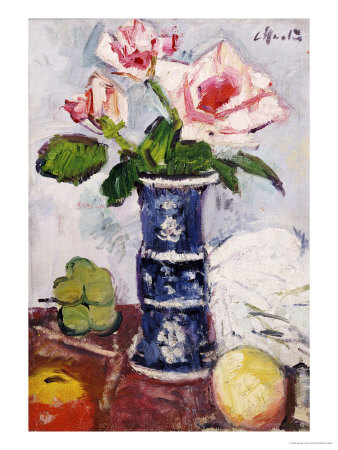 Pink Roses in a Chinese Blue and White Gu-Shaped Vase