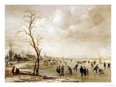 A Winter Landscape with Townsfolk Skating and Playing Kolf on a Frozen River, a Town Beyond