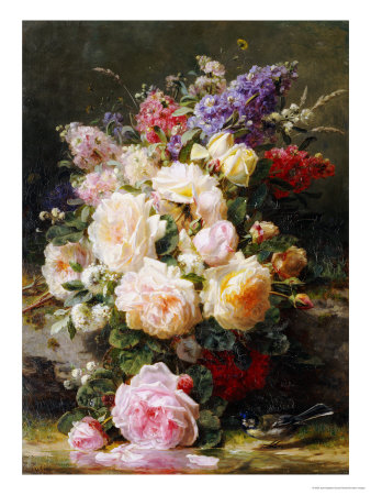 Buy Still Life with Roses, Syringas and a Blue Tit on a Mossy Bank at AllPosters.com