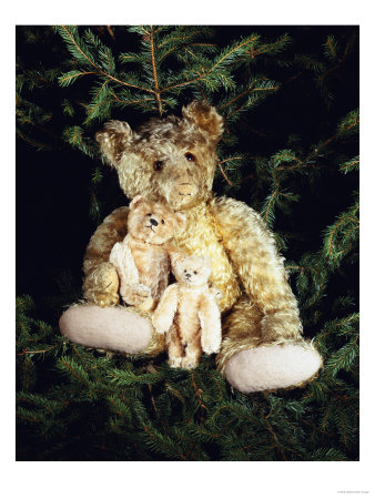 Golden Curley Plush Covered Teddy Bear in a Christmas Tree with His "Inseparable Friends", 1910