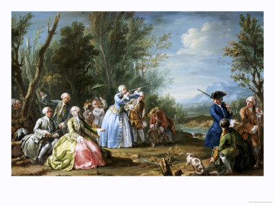 Two Court Ladies Out Shooting with Their Retinue in a Wooded River Landscape