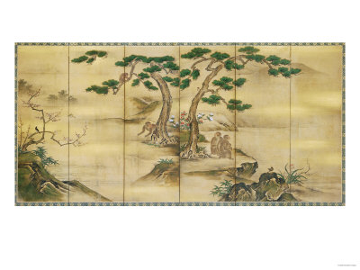 Birds, Flowers and Monkeys Six-Panel Screen, Kano School, Early 17th Century