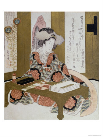 The Poetess, Bijin, at Her Calligraphy Table