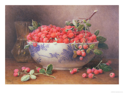 Still Life of Raspberries in a Blue and White Bowl