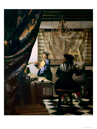 Renaissance painter Jan Vermeer, dressed in black, paints a young woman in a blue dress and blue hat standing near a table who holds a trumpet and a book. Heavy tapestries are on the walls and a rug with black and white diamond patterns is on the floor.
