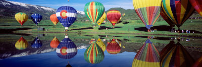 Reflection of Hot Air Balloons on Water, Colorado, USA