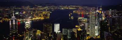 Buildings Illuminated at Night, Hong Kong