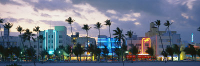 Buildings Lit Up at Dusk, Ocean Drive, Miami Beach, Florida, USA Posters
