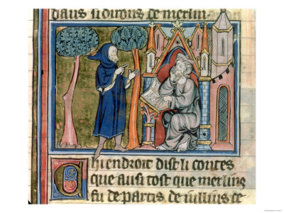 Merlin Dictates the Story to Blaise, by Robert de Boron, French