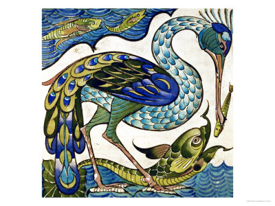 Tile Design of Heron and Fish, by Walter Crane