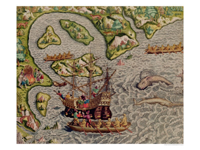 The Arrival and Disembarkation on the American Coast, from "Americae Tertia Pars...", 1592