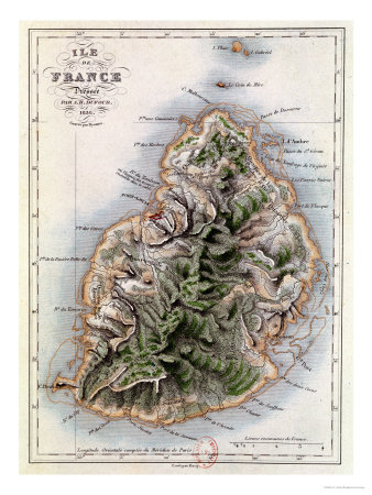 Map of Mauritius, Illustration from "Paul et Virginie" by Henri Bernardin de Saint-Pierre, 1836