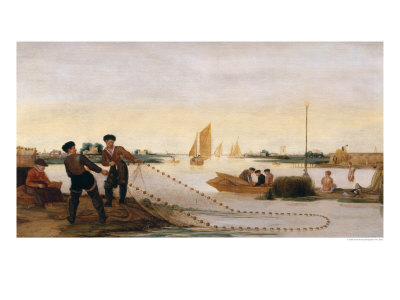 Two Fishermen Pulling in Their Nets