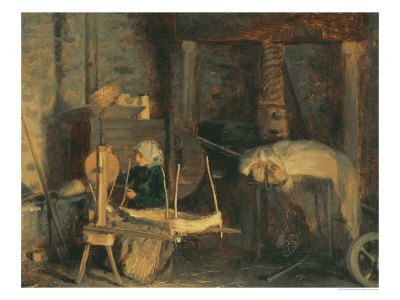 An Elderly Woman Winding Hemp Near a Press