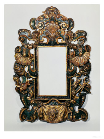 Roman 17th C. Carved Black and Gilt Baroque Frame with Pierced Band of Profuse Scrolling Strapwork