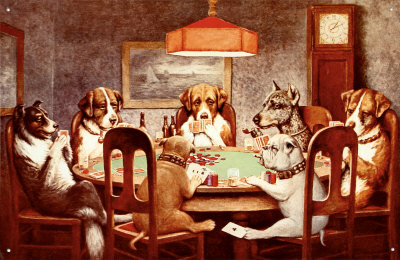 Seven Dogs Playing Poker
