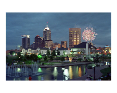 Indianapolis Skyline at Night with Fireworks