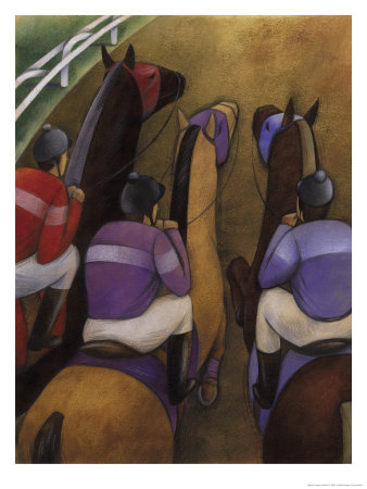 An Overhead Look at Three Horses Being Ridden by Jockeys in a Race