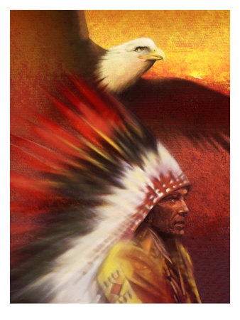 Buy A Middle-Aged Adult Native American Male Wearing a Headdress with a Bald Eagle Flying Overhead at AllPosters.com