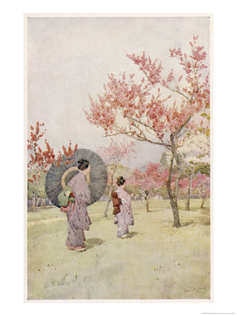 Two Japanese Women Admiring Peach Trees in Blossom