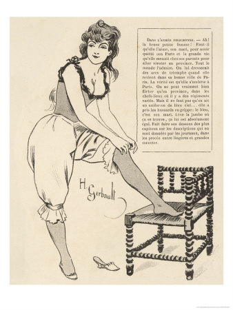 Young Woman Wearing a Lacy Chemise Corset and Frilly Edged Drawers Adjusts Her Stockings