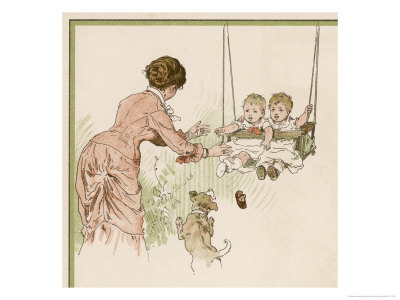 Mother Pushes Her Two Babies on a Swing