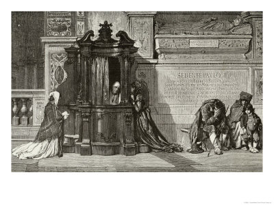Catholic Priest Hears a Confession in a Church in Rome Italy