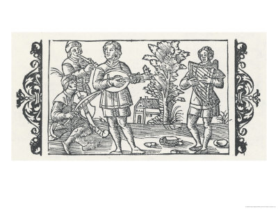 Piper Performs with Players of Three Types of Stringed Instruments, a Rebec a Lute and a Harp