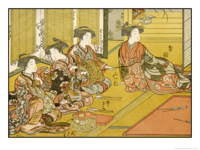 Japanese Ladies Practising Shooting with the Crossbow Indoors